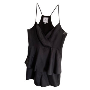 Cosette Women's Black Silk Romper Size 2 Spaghetti Strap Peplum Overlay